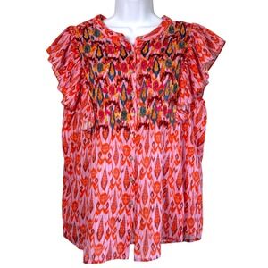 Figue Womens Boho Beaded Flutter Sleeve Button Up Top Size L Flowy Feminine